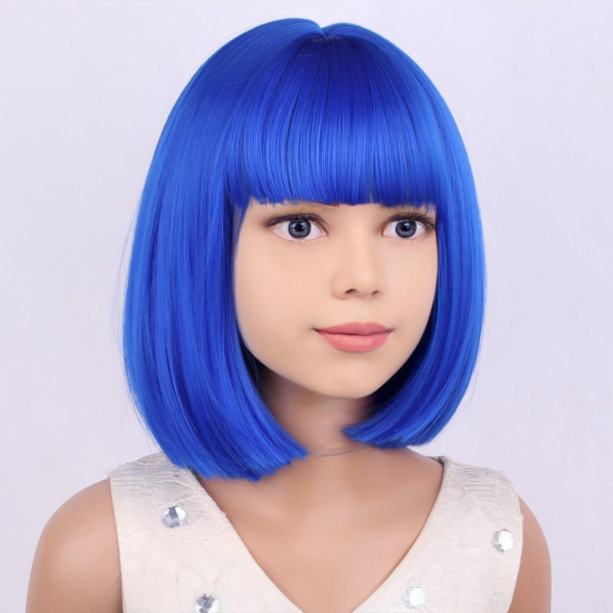 imageKids Brown Wig with Bangs Child Short Brown Bob Wig for Girls Cosplay Party Synthetic Rose Net Daily WearDark Blue
