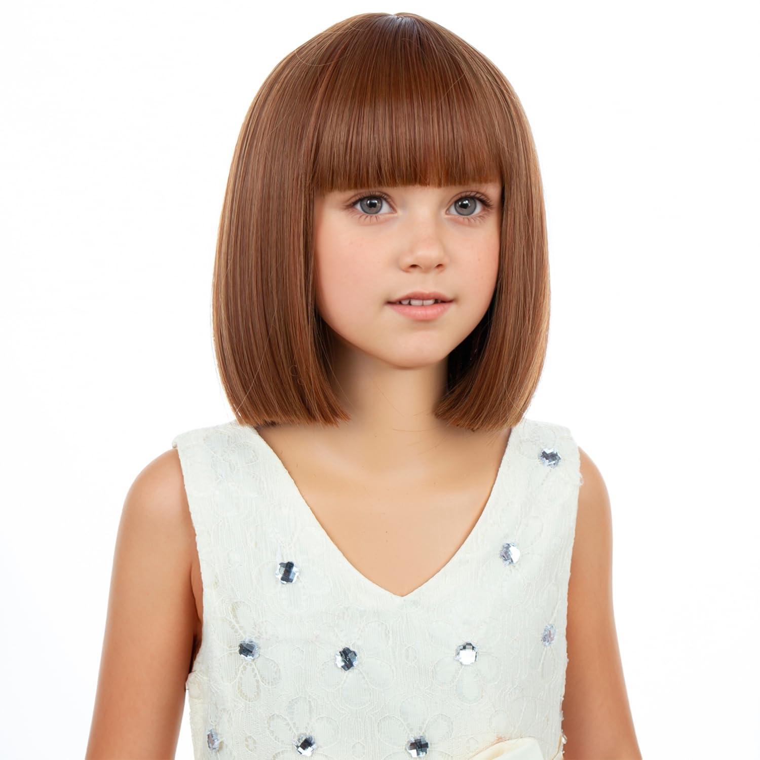 imageKids Brown Wig with Bangs Child Short Brown Bob Wig for Girls Cosplay Party Synthetic Rose Net Daily WearDark Orange