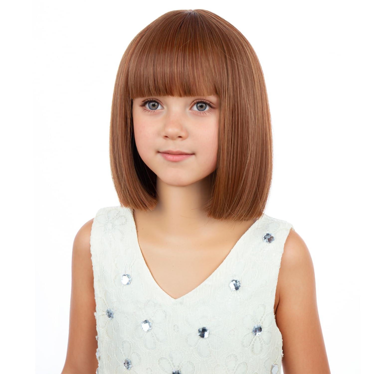 imageKids Brown Wig with Bangs Child Short Brown Bob Wig for Girls Cosplay Party Synthetic Rose Net Daily WearDark Orange