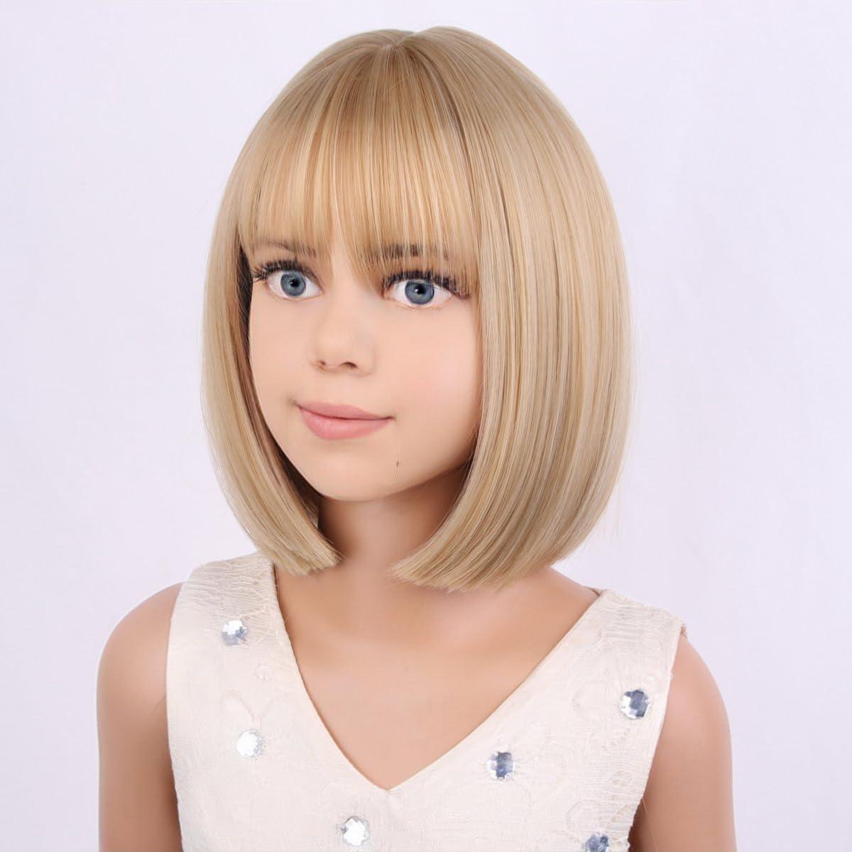 imageKids Brown Wig with Bangs Child Short Brown Bob Wig for Girls Cosplay Party Synthetic Rose Net Daily WearMixed Blonde