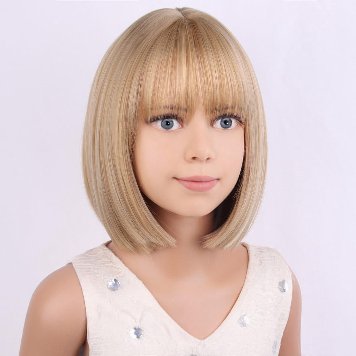 imageKids Brown Wig with Bangs Child Short Brown Bob Wig for Girls Cosplay Party Synthetic Rose Net Daily WearMixed Blonde