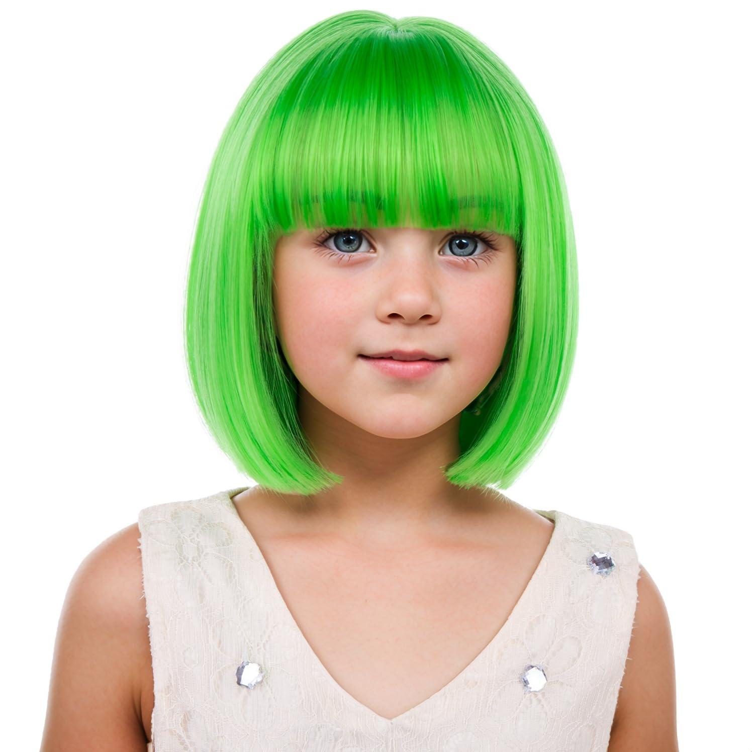 imageKids Brown Wig with Bangs Child Short Brown Bob Wig for Girls Cosplay Party Synthetic Rose Net Daily WearNeon Green
