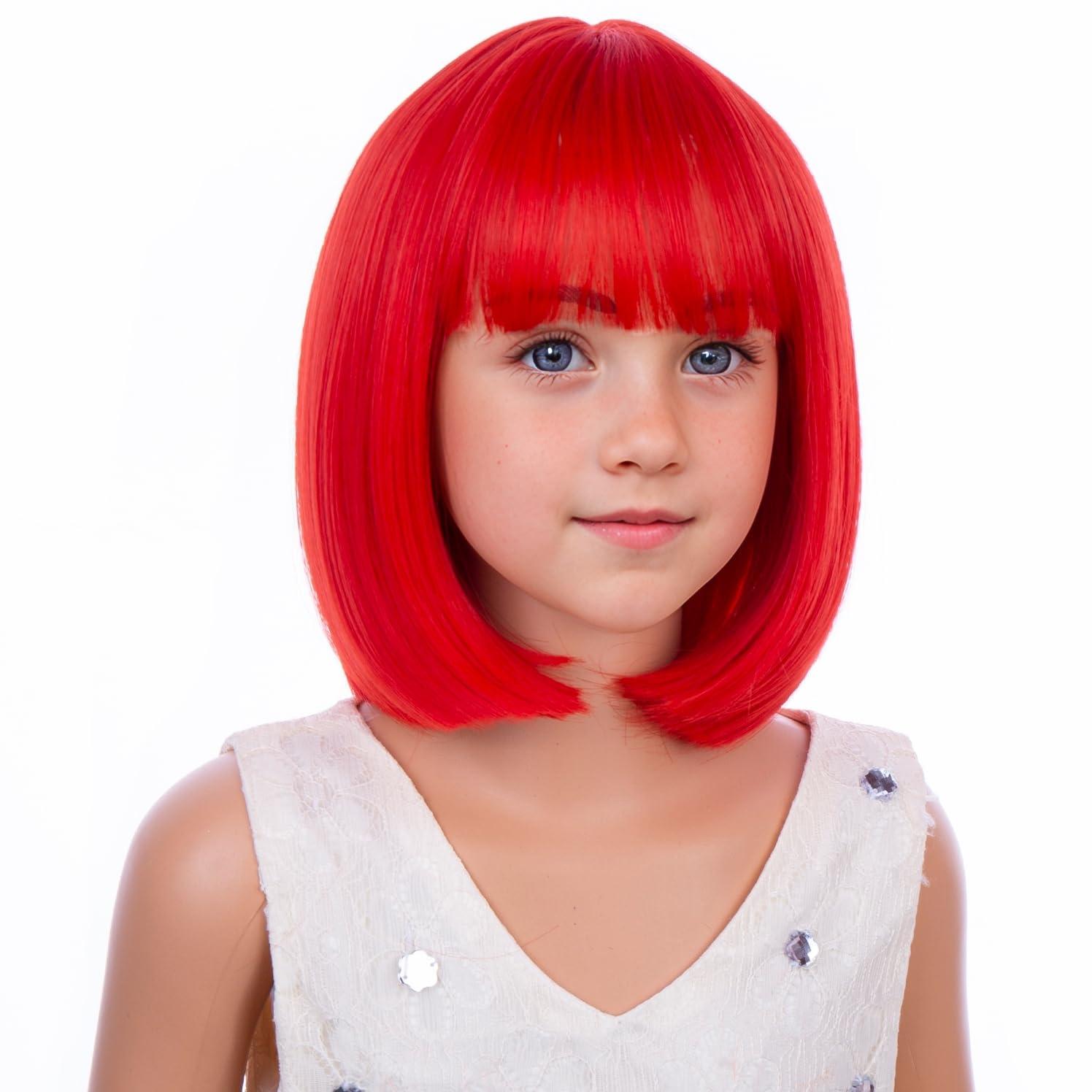 imageKids Brown Wig with Bangs Child Short Brown Bob Wig for Girls Cosplay Party Synthetic Rose Net Daily WearRed
