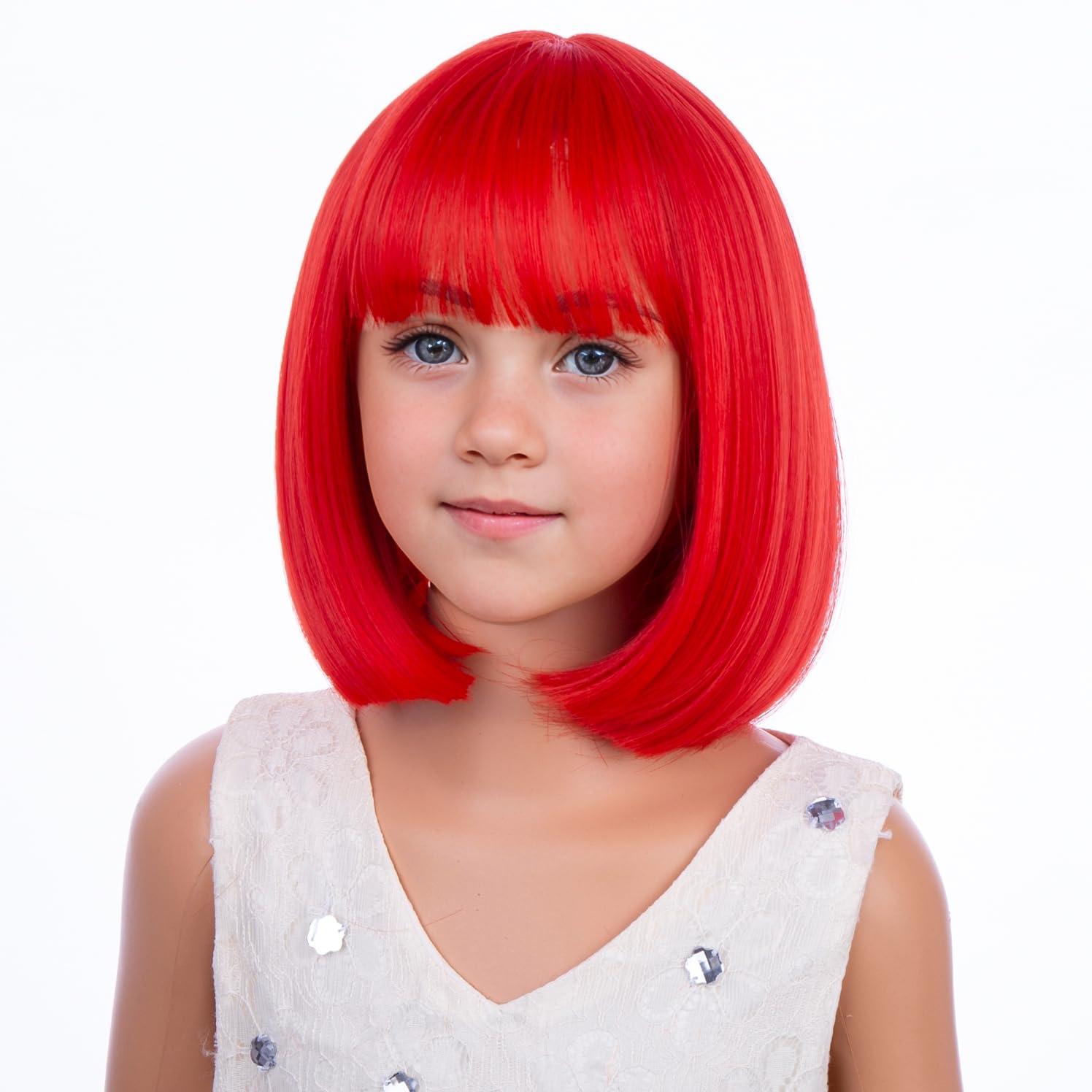 imageKids Brown Wig with Bangs Child Short Brown Bob Wig for Girls Cosplay Party Synthetic Rose Net Daily WearRed