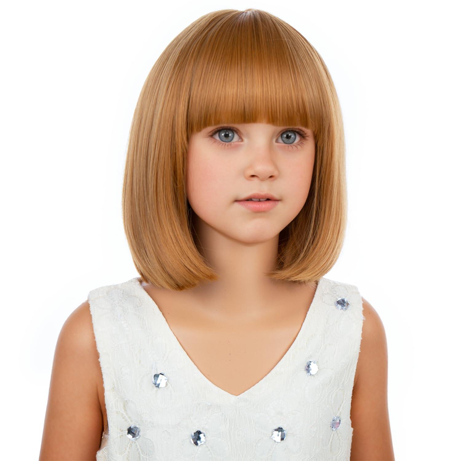 imageKids Brown Wig with Bangs Child Short Brown Bob Wig for Girls Cosplay Party Synthetic Rose Net Daily WearStrawberry Blonde