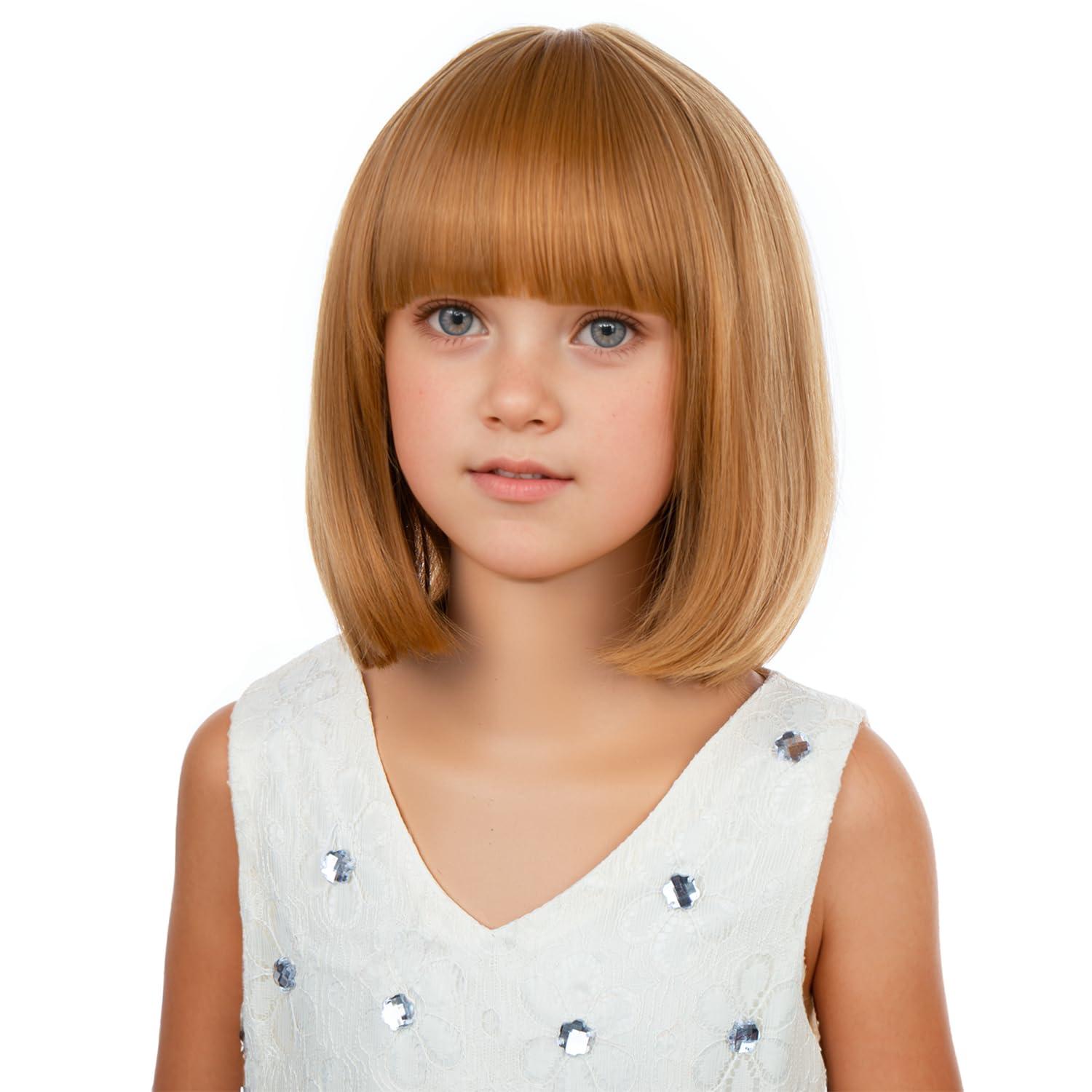 imageKids Brown Wig with Bangs Child Short Brown Bob Wig for Girls Cosplay Party Synthetic Rose Net Daily WearStrawberry Blonde