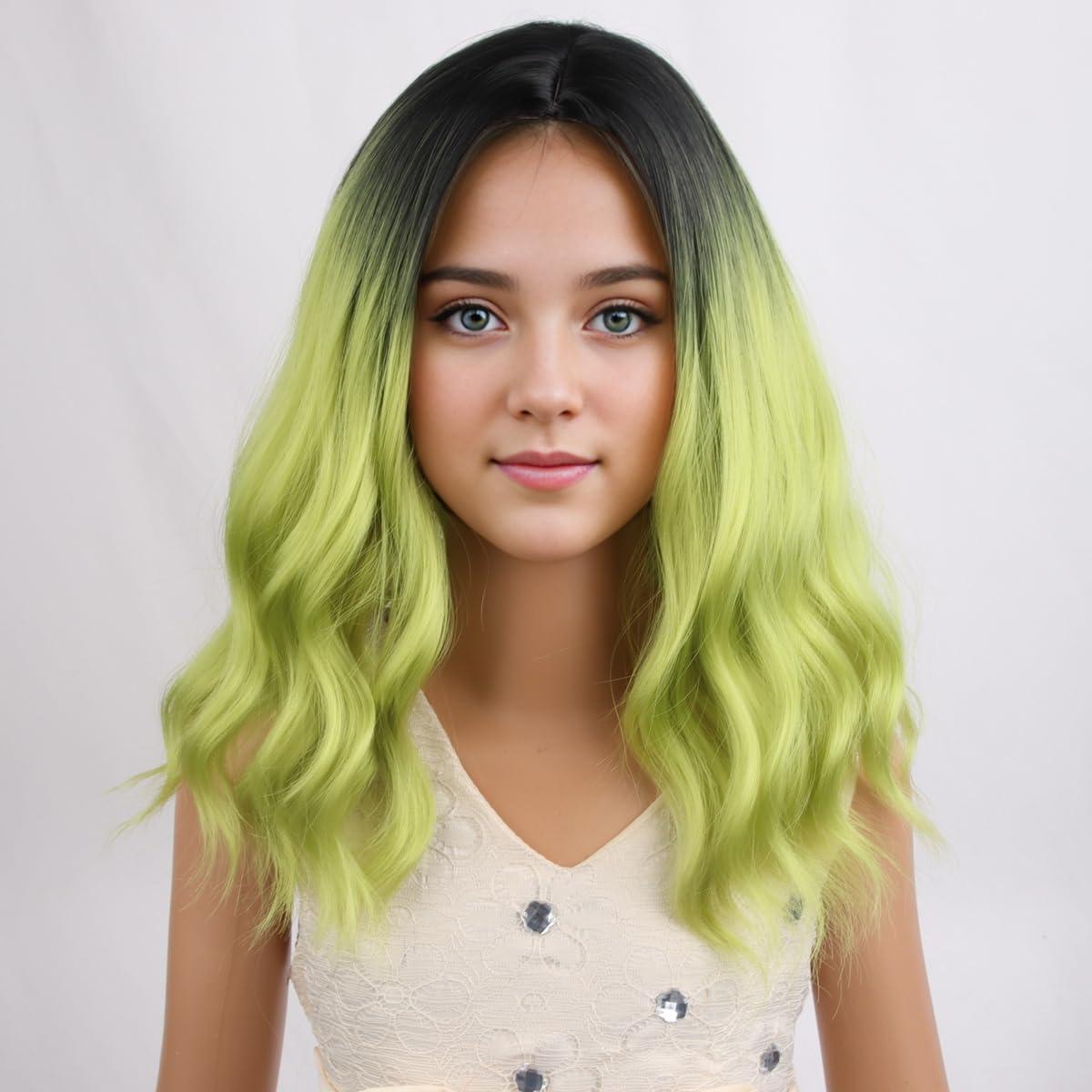imageKids Flame Fire Wig Child Short Ombre Orange Wig for Girls Cosplay Halloween Party Costume Synthetic WigsBlack Ombre Green