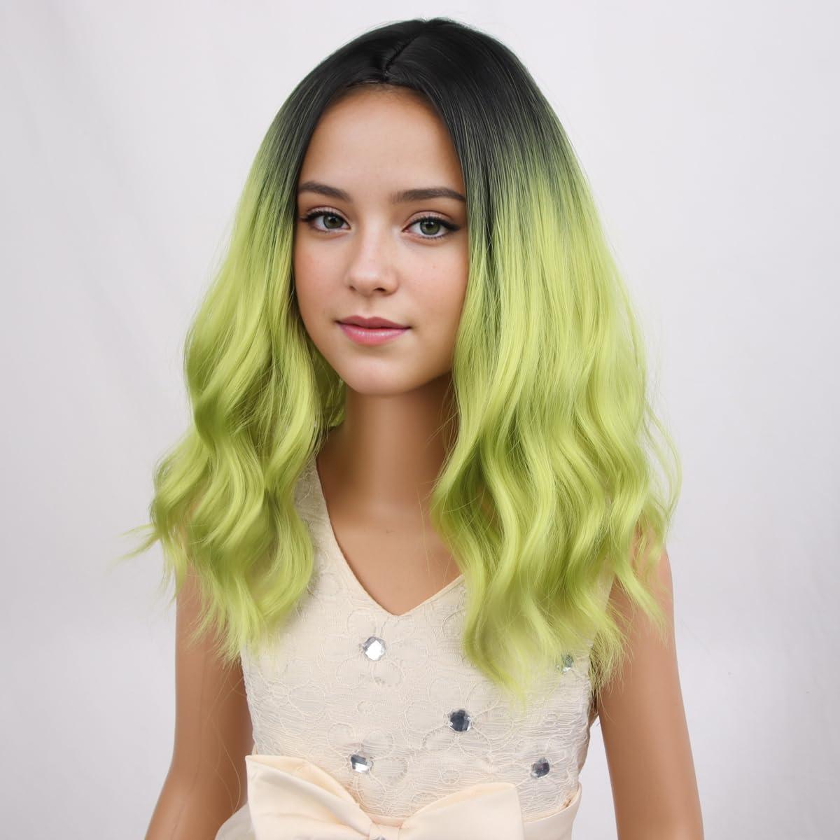imageKids Flame Fire Wig Child Short Ombre Orange Wig for Girls Cosplay Halloween Party Costume Synthetic WigsBlack Ombre Green