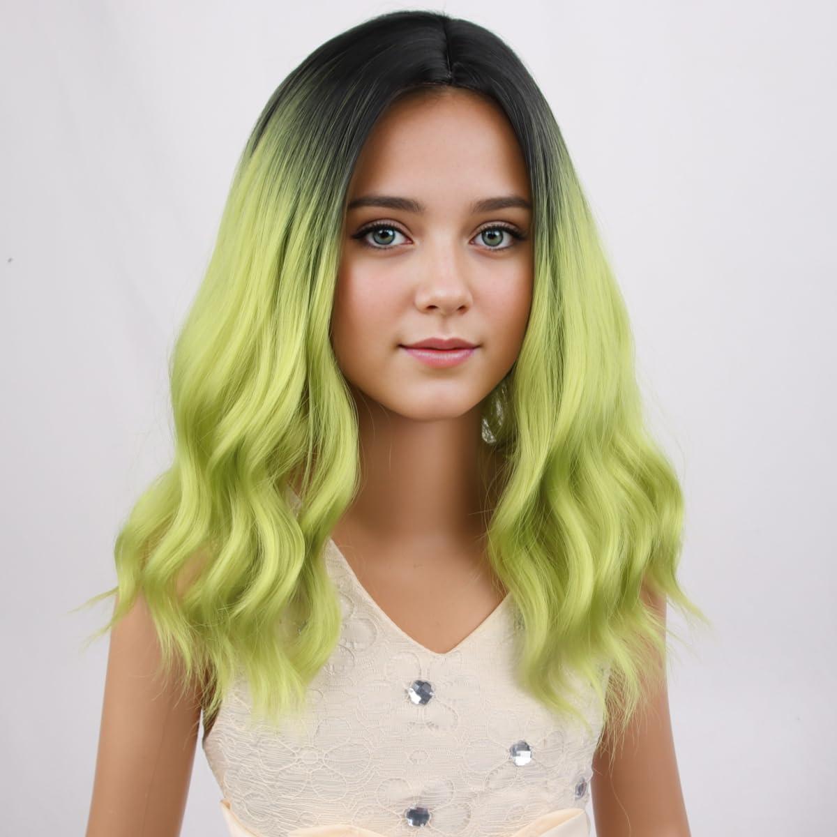 imageKids Flame Fire Wig Child Short Ombre Orange Wig for Girls Cosplay Halloween Party Costume Synthetic WigsBlack Ombre Green