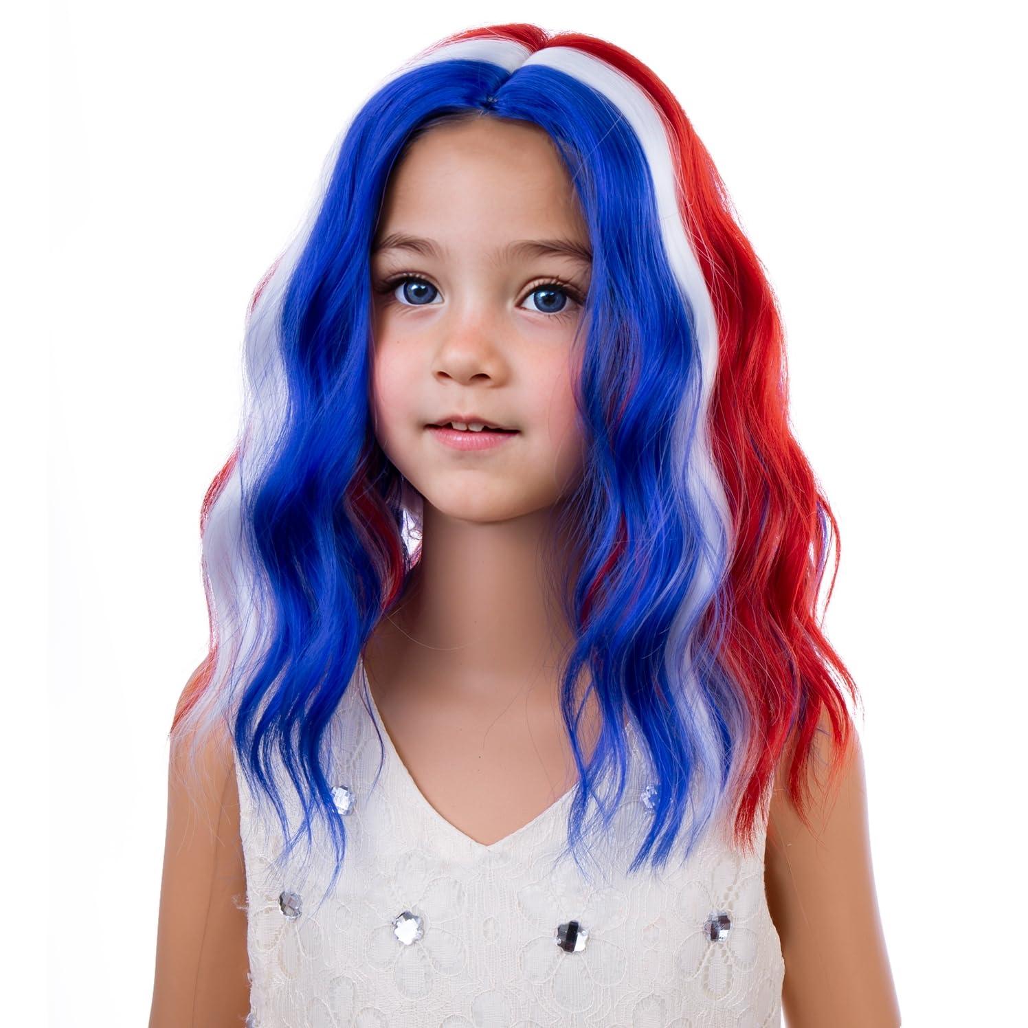 imageKids Flame Fire Wig Child Short Ombre Orange Wig for Girls Cosplay Halloween Party Costume Synthetic WigsBlue Red White