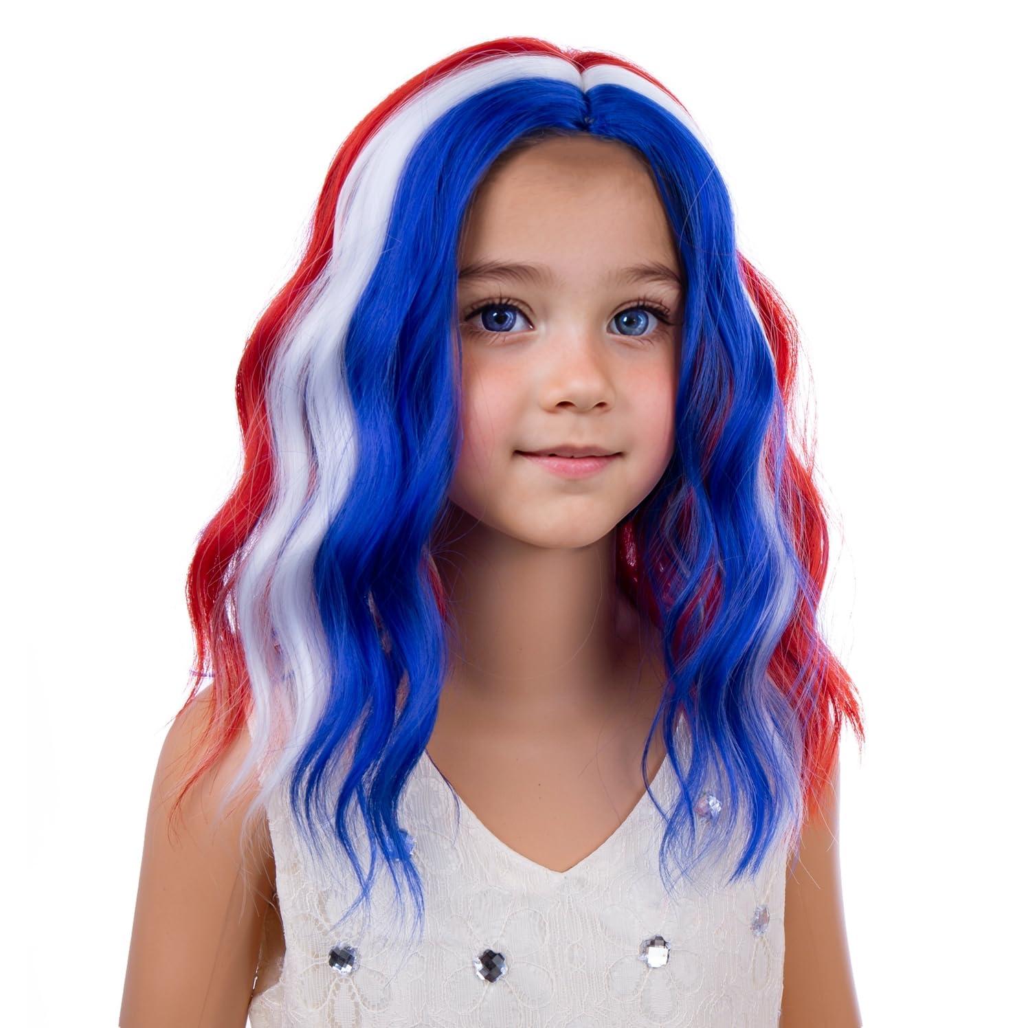 imageKids Flame Fire Wig Child Short Ombre Orange Wig for Girls Cosplay Halloween Party Costume Synthetic WigsBlue Red White