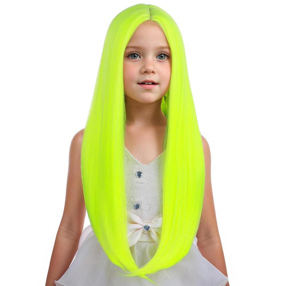 imageKids Black Wig Long Straight Black Wig for Gilrs Child Black Wigs Heat Resistant Synthetic Cosplay Halloween Wigs BlackFluorescent Green