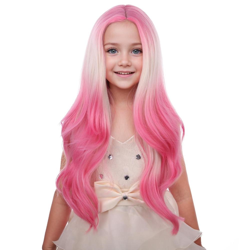 imageKids Blue Wig Long Wavy Child Wig Light Blue Wig for Kids Heat Resistant Synthetic Hair Cosplay Costume Girls Wig Mixed BlueBlonde to Pink