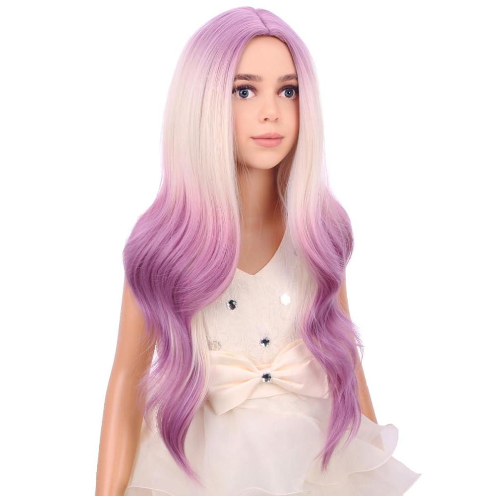 imageKids Blue Wig Long Wavy Child Wig Light Blue Wig for Kids Heat Resistant Synthetic Hair Cosplay Costume Girls Wig Mixed BlueBlonde to Purple