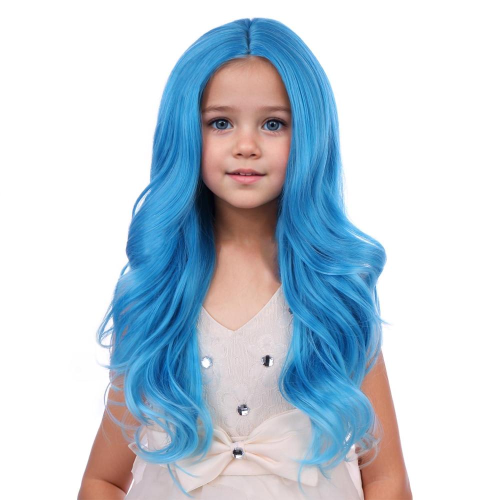 imageKids Blue Wig Long Wavy Child Wig Light Blue Wig for Kids Heat Resistant Synthetic Hair Cosplay Costume Girls Wig Mixed BlueBlue