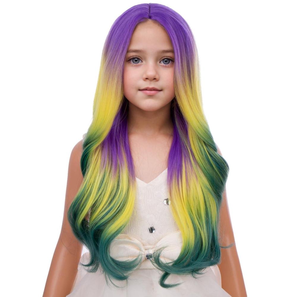 imageKids Blue Wig Long Wavy Child Wig Light Blue Wig for Kids Heat Resistant Synthetic Hair Cosplay Costume Girls Wig Mixed BluePurple Yellow Green Ombre