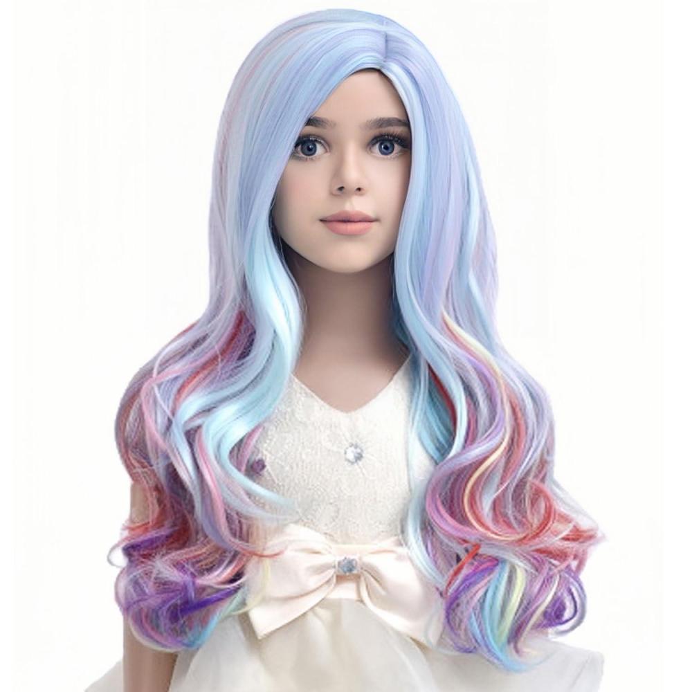 imageKids Blue Wig Long Wavy Child Wig Light Blue Wig for Kids Heat Resistant Synthetic Hair Cosplay Costume Girls Wig Mixed BlueRainbow