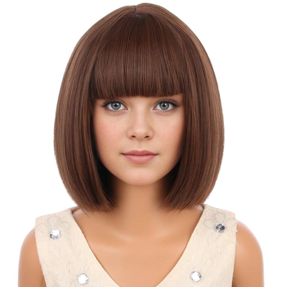 imageKids Brown Wig with Bangs Child Short Brown Bob Wig for Girls Cosplay Party Synthetic Rose Net Daily WearChocolate Brown