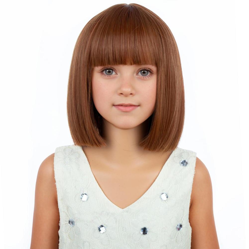 imageKids Brown Wig with Bangs Child Short Brown Bob Wig for Girls Cosplay Party Synthetic Rose Net Daily WearDark Orange