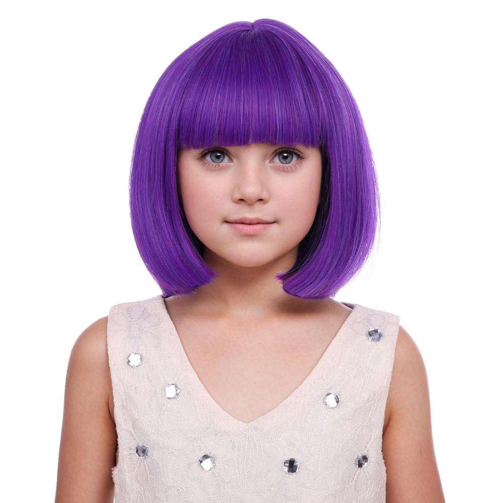 imageKids Brown Wig with Bangs Child Short Brown Bob Wig for Girls Cosplay Party Synthetic Rose Net Daily WearDark Purple