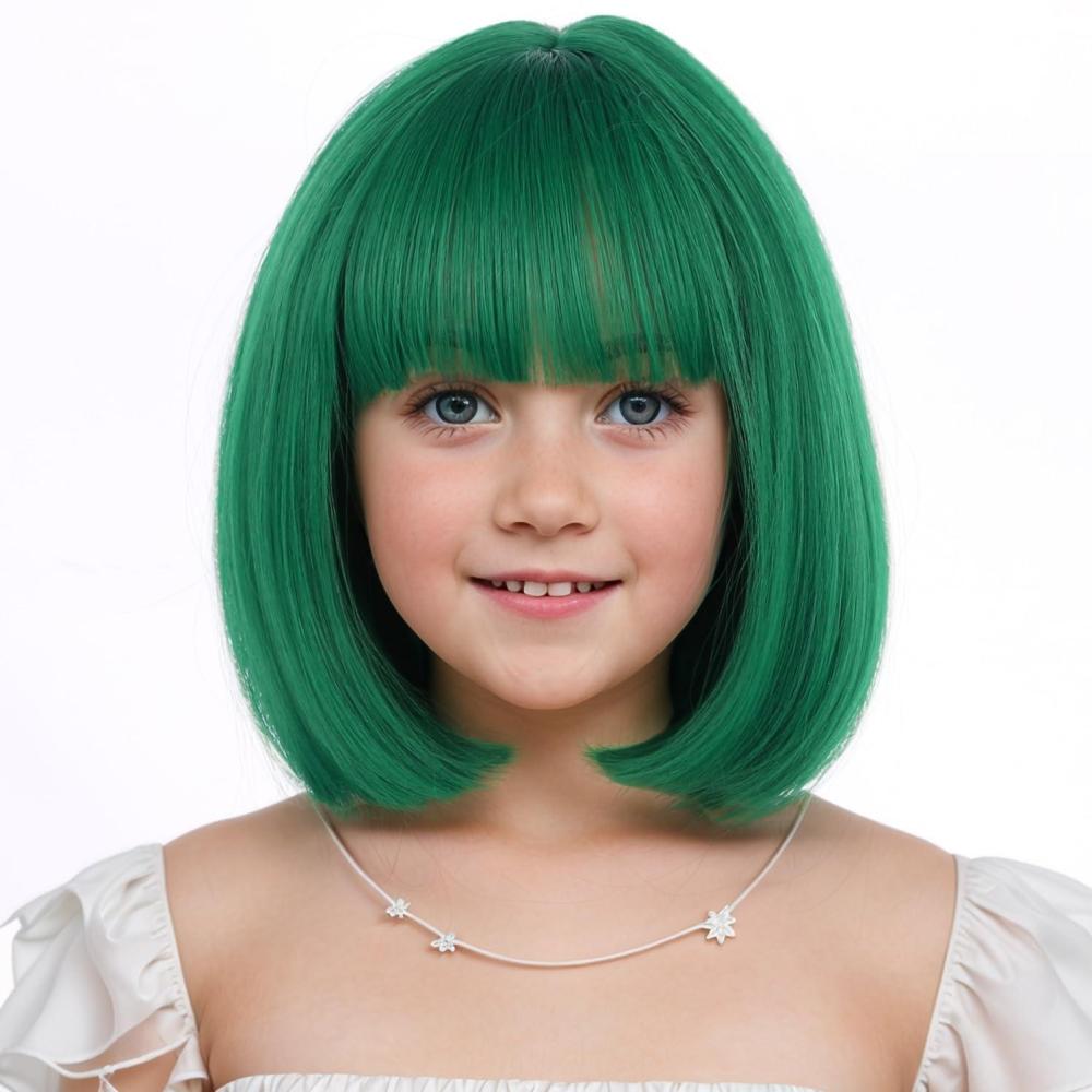 imageKids Brown Wig with Bangs Child Short Brown Bob Wig for Girls Cosplay Party Synthetic Rose Net Daily WearGreen