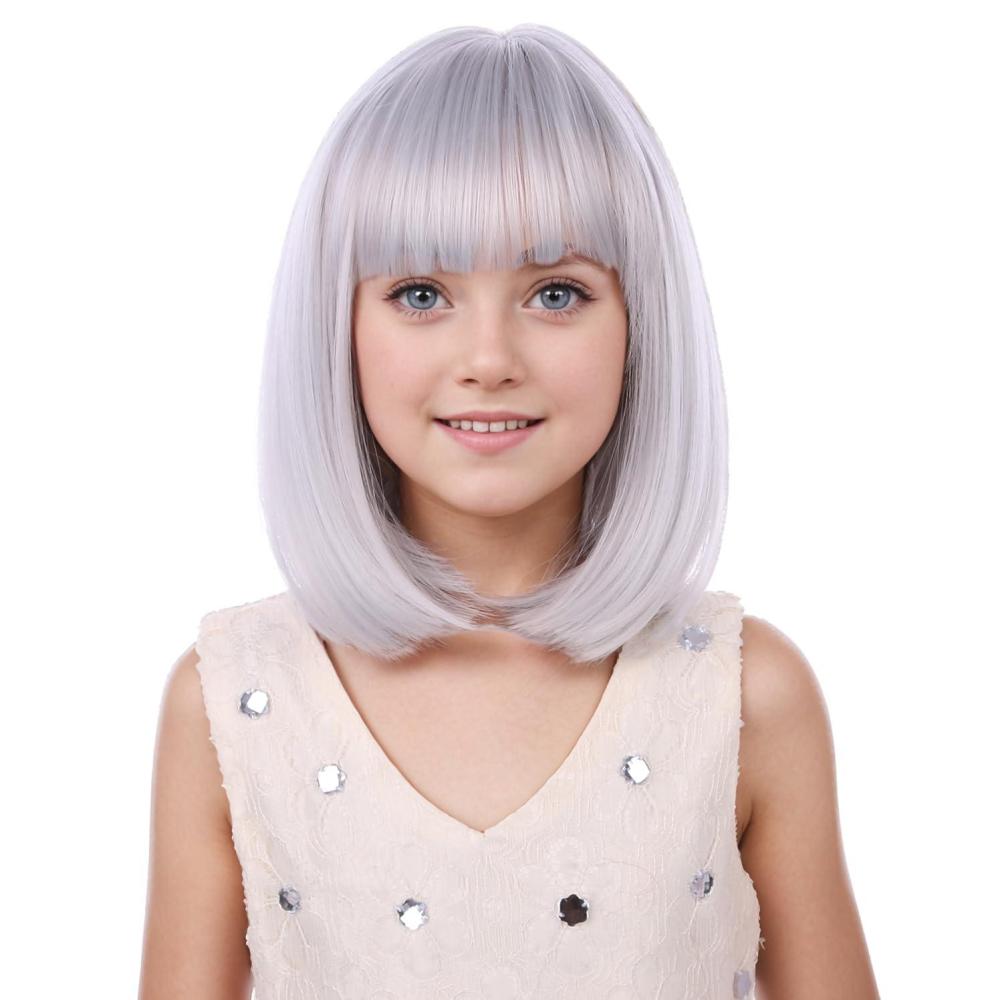 imageKids Brown Wig with Bangs Child Short Brown Bob Wig for Girls Cosplay Party Synthetic Rose Net Daily WearGrey