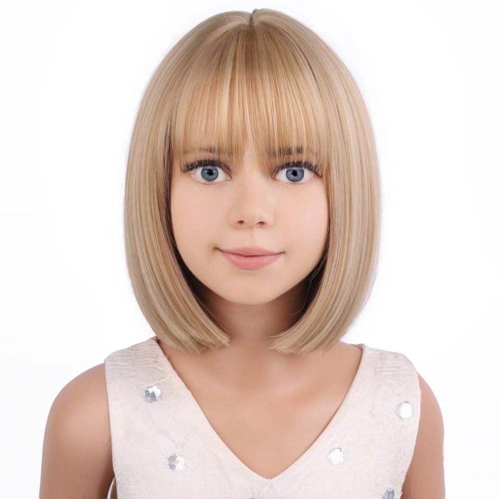 imageKids Brown Wig with Bangs Child Short Brown Bob Wig for Girls Cosplay Party Synthetic Rose Net Daily WearMixed Blonde