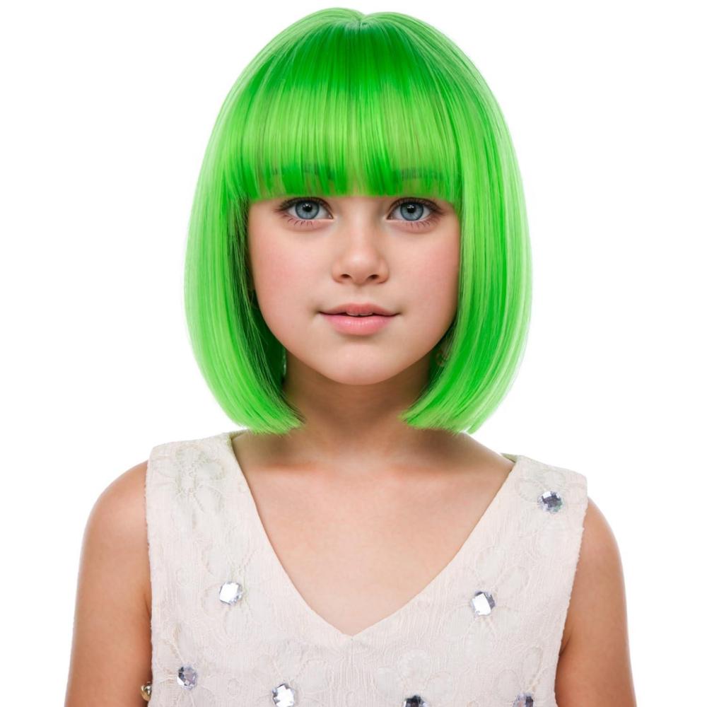 imageKids Brown Wig with Bangs Child Short Brown Bob Wig for Girls Cosplay Party Synthetic Rose Net Daily WearNeon Green