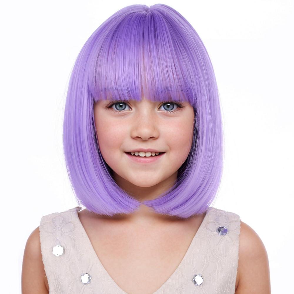 imageKids Brown Wig with Bangs Child Short Brown Bob Wig for Girls Cosplay Party Synthetic Rose Net Daily WearPurple