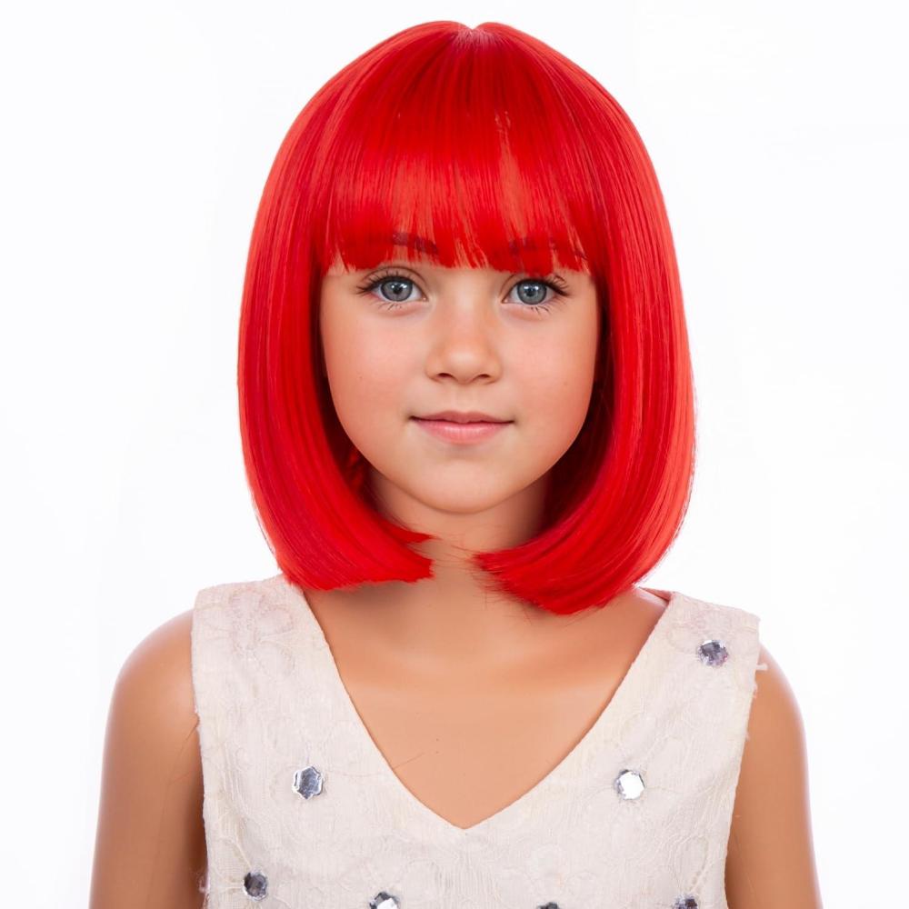 imageKids Brown Wig with Bangs Child Short Brown Bob Wig for Girls Cosplay Party Synthetic Rose Net Daily WearRed