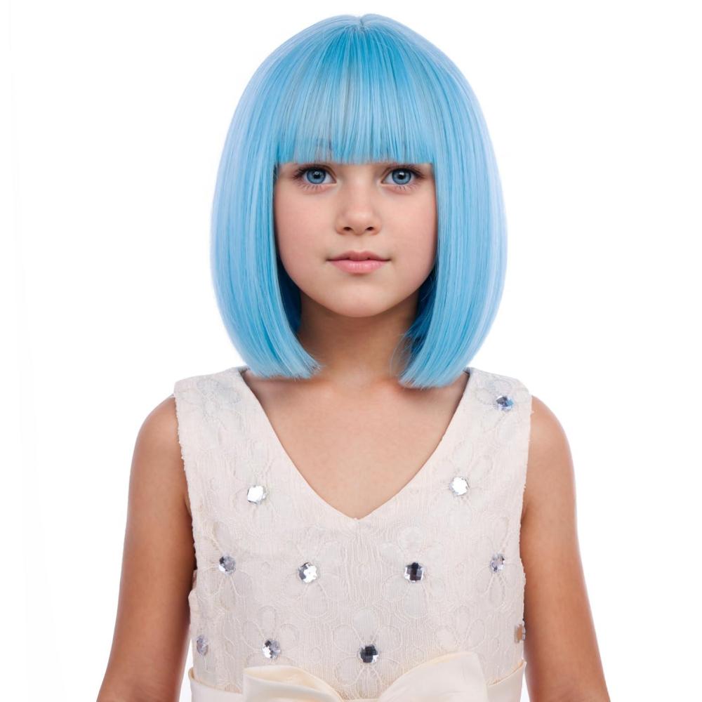imageKids Brown Wig with Bangs Child Short Brown Bob Wig for Girls Cosplay Party Synthetic Rose Net Daily WearSky Blue