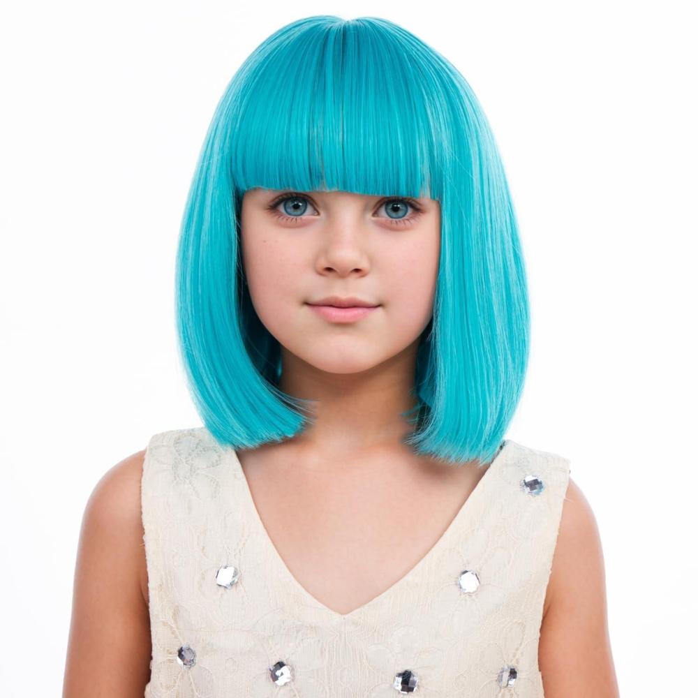 imageKids Brown Wig with Bangs Child Short Brown Bob Wig for Girls Cosplay Party Synthetic Rose Net Daily WearTeal Blue
