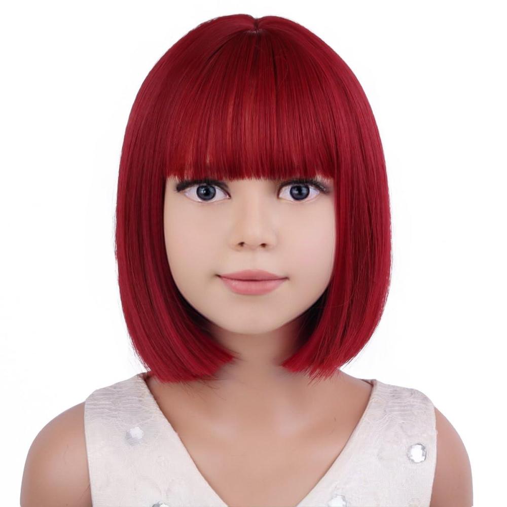 imageKids Brown Wig with Bangs Child Short Brown Bob Wig for Girls Cosplay Party Synthetic Rose Net Daily WearWine Red