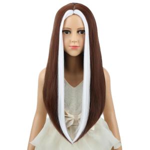 Kids Black Wig Long Straight Black Wig for Gilrs Child Black Wigs Heat Resistant Synthetic Cosplay Halloween Wigs (Black)(Brown and White)