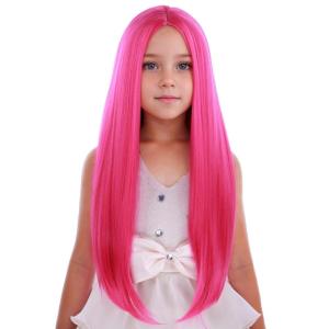 Kids Black Wig Long Straight Black Wig for Gilrs Child Black Wigs Heat Resistant Synthetic Cosplay Halloween Wigs (Black)(Hot Pink)