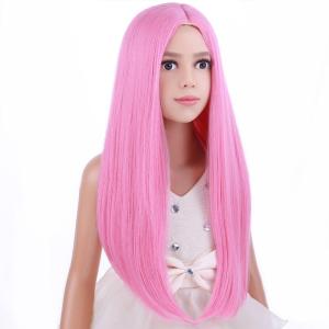 Kids Black Wig Long Straight Black Wig for Gilrs Child Black Wigs Heat Resistant Synthetic Cosplay Halloween Wigs (Black)(Pink)