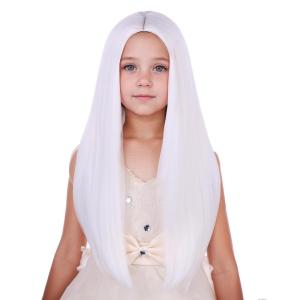 Kids Black Wig Long Straight Black Wig for Gilrs Child Black Wigs Heat Resistant Synthetic Cosplay Halloween Wigs (Black)(White)