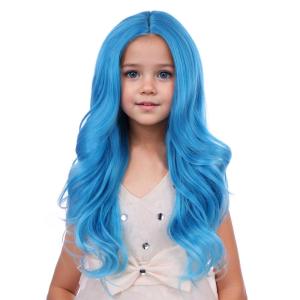 Kids Blue Wig Long Wavy Child Wig Light Blue Wig for Kids Heat Resistant Synthetic Hair Cosplay Costume Girls Wig (Mixed Blue)(Blue)