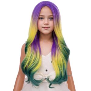 Kids Blue Wig Long Wavy Child Wig Light Blue Wig for Kids Heat Resistant Synthetic Hair Cosplay Costume Girls Wig (Mixed Blue)(Purple Yellow Green Ombre)