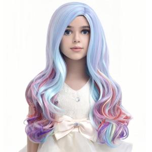 Kids Blue Wig Long Wavy Child Wig Light Blue Wig for Kids Heat Resistant Synthetic Hair Cosplay Costume Girls Wig (Mixed Blue)(Rainbow)