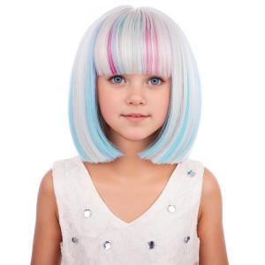 Kids Brown Wig with Bangs Child Short Brown Bob Wig for Girls Cosplay Party Synthetic Rose Net Daily Wear(Blonde Blue Mixed Pink)