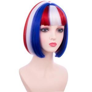 Kids Brown Wig with Bangs Child Short Brown Bob Wig for Girls Cosplay Party Synthetic Rose Net Daily Wear(Blue Red White)