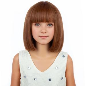 Kids Brown Wig with Bangs Child Short Brown Bob Wig for Girls Cosplay Party Synthetic Rose Net Daily Wear(Dark Orange)
