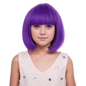 Kids Brown Wig with Bangs Child Short Brown Bob Wig for Girls Cosplay Party Synthetic Rose Net Daily Wear(Dark Purple)