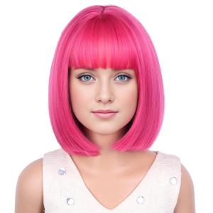 Kids Brown Wig with Bangs Child Short Brown Bob Wig for Girls Cosplay Party Synthetic Rose Net Daily Wear(Hot Pink)
