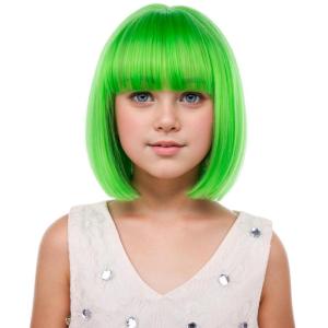 Kids Brown Wig with Bangs Child Short Brown Bob Wig for Girls Cosplay Party Synthetic Rose Net Daily Wear(Neon Green)