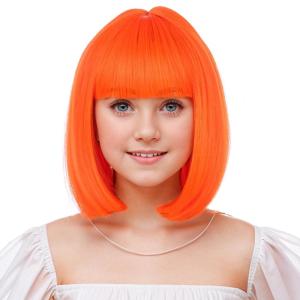 Kids Brown Wig with Bangs Child Short Brown Bob Wig for Girls Cosplay Party Synthetic Rose Net Daily Wear(Orange)