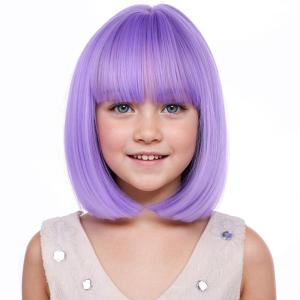 Kids Brown Wig with Bangs Child Short Brown Bob Wig for Girls Cosplay Party Synthetic Rose Net Daily Wear(Purple)