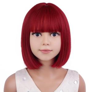 Kids Brown Wig with Bangs Child Short Brown Bob Wig for Girls Cosplay Party Synthetic Rose Net Daily Wear(Wine Red)