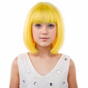 Kids Brown Wig with Bangs Child Short Brown Bob Wig for Girls Cosplay Party Synthetic Rose Net Daily Wear(Yellow)